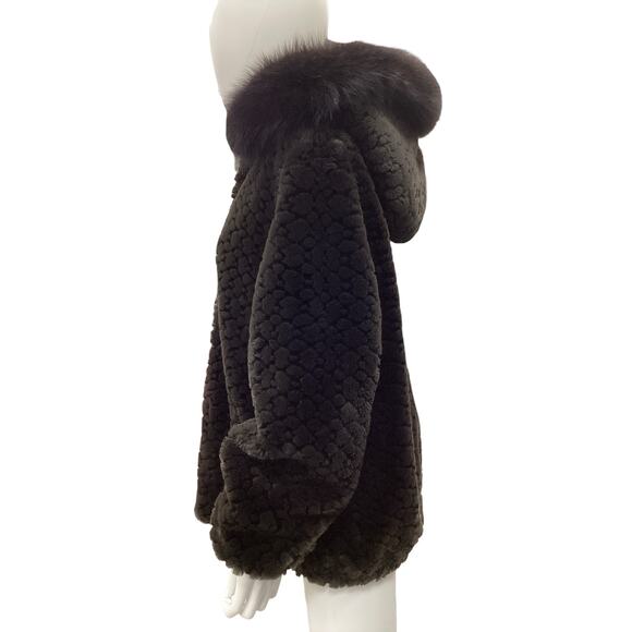 Gallery Bomber Jacket Women’s SZ M Faux Fur With Genuine Fox Fur Hood Trim Brown - Picture 3 of 6